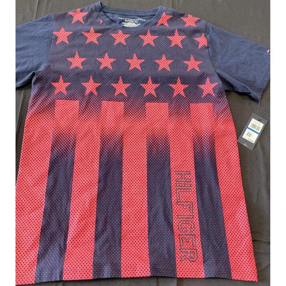 Tommy Hilfiger Boys T-Shirt Short Sleeve Blue Red American Patriotic XL 20 NWT
